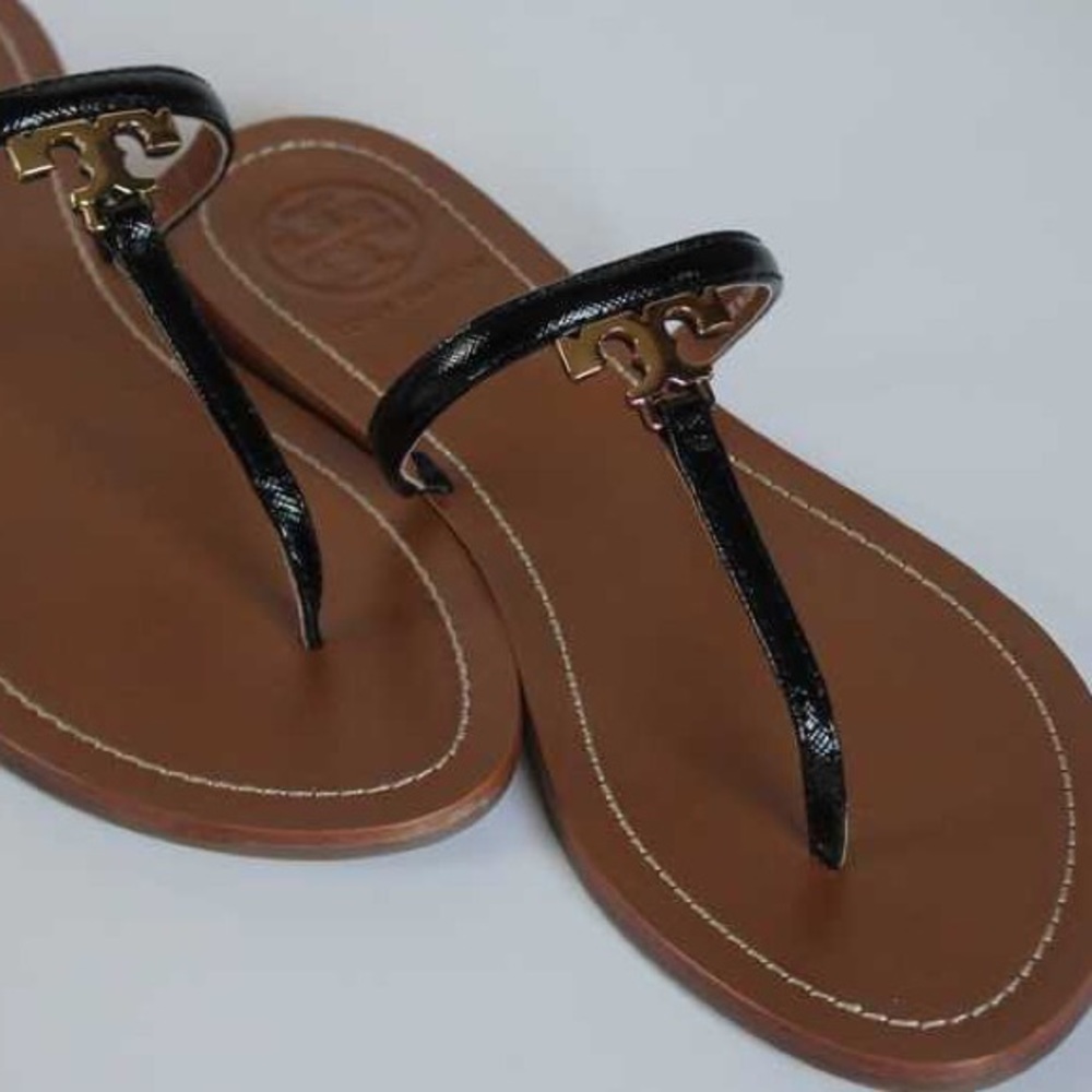 Tory Burch Black T Logo Leather Flat Thong Sandal